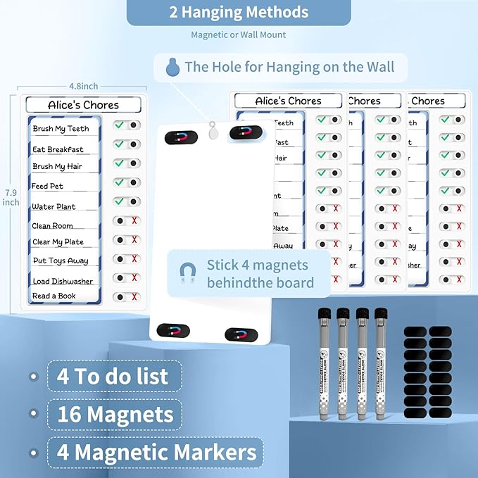4-in-1 Chore Chart: Dry Erase My Chores Slider Chart, Magnetic Visual Schedule for Fridge, Kids Daily Checklist - ADHD Tools: To-Do List and Routine Chart (Blue 4-Pack)