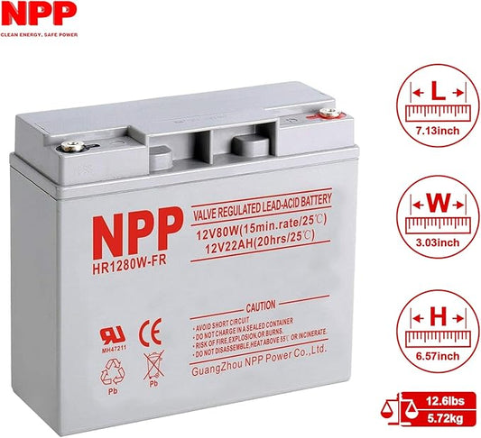 NPP HR1280W (2Pcs) High Rate Battery HR1280W 12V 480Watts 80Watt/ Cell AGM Sealed Lead Acid Rechargeable Battery, 12V 18Ah, 20Ah Flame Retardant High Rate UPS
