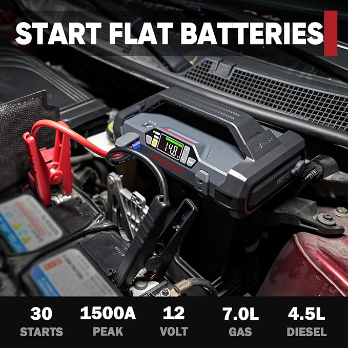 LOKITHOR JA300 Jump Starter with Air Compressor, 1500Amp 12V Portable Car Battery Booster Pack for Upto 7.0L Gas or 4.5L Diesel, 150 PSI Tire Inflator with Digital Screen, 24 Months Ultra-Long Standby