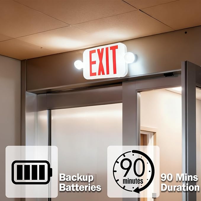 LIT-PaTH LED Combo EXIT Sign with 2 Adjustable Head Lights and Double Face, Back Up Batteries- US Standard Red Letter Emergency Exit Lighting, UL 924 and CEC Qualified, 120-277 Voltage, 4-Pack