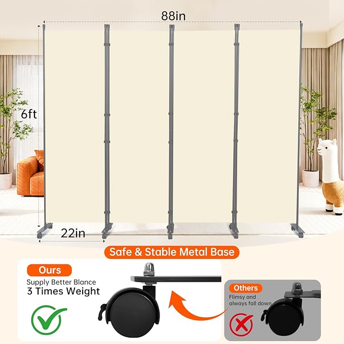 Room Divider 88''W Wall Divider for Room Partition (Heavy Duty Base) 4 Panel Partition Room Dividers, Freestanding Room Divider Screen Separation W/Wheels Folding Privacy Screen Panel Space Separator