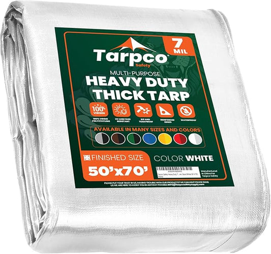 Tarpco Safety Heavy Duty 7 Mil Tarp Cover, Waterproof, UV Resistant, Rip and Tear Proof, Poly Tarpaulin with Reinforced Edges for Roof, Camping, Patio, Pool Cover, Boat (White 50′ X 70′)