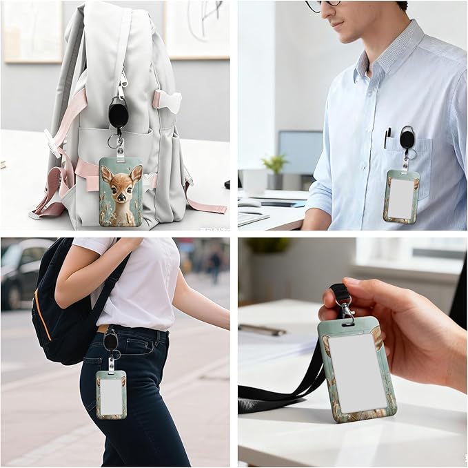 ID Badge Holder with Retractable Lanyard for Women & Men,Vertical ID Card Holder Wallet,Clear Window&Card Slot,Detachable Neck Strap for Nurse Teacher Office,Deer Butterfly Cute