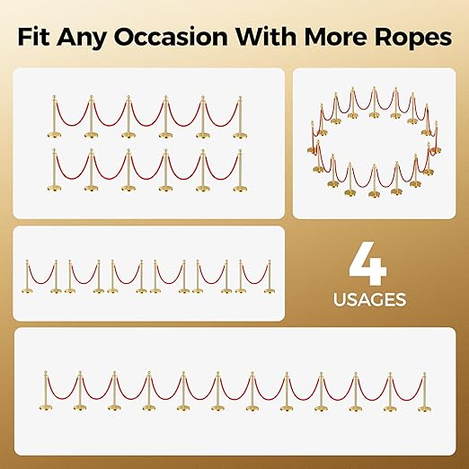 16pcs Sturdy Gold Stanchion Posts and 16pcs High Quality Red Carpet Velvet Ropes, Water/Sand/Concrete Fillable Leakproof Base, Crowd Control Barriers for Birthday, Prom, Business, Wedding