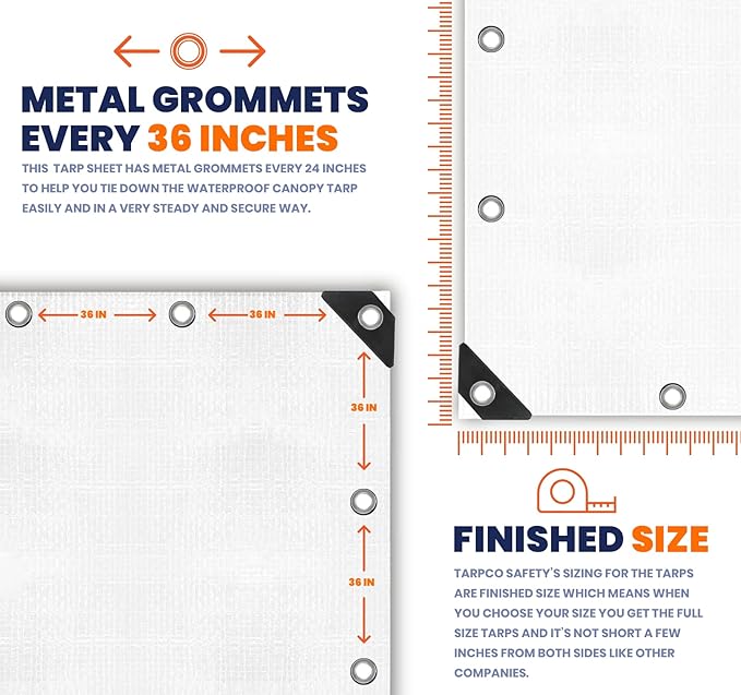Tarpco Safety Heavy Duty 7 Mil Tarp Cover, Waterproof, UV Resistant, Rip and Tear Proof, Poly Tarpaulin with Reinforced Edges for Roof, Camping, Patio, Pool Cover, Boat (White 40′ X 80′)