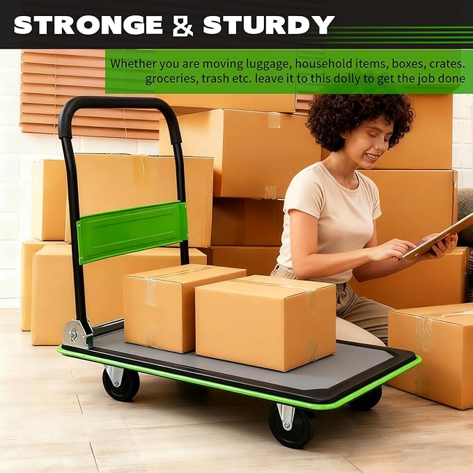 660lbs Large Size Heavy Duty Green Flatbed Cart, Folding Platform Hand Truck with 360° Swivel Silent Wheels, Steel Push Dolly for Warehouse & Moving
