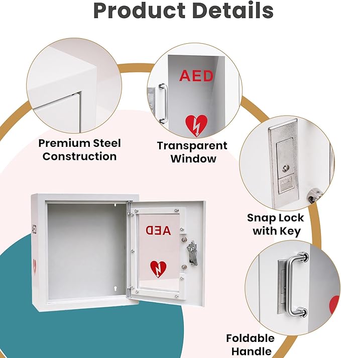 AED Cabinet Wall Mounted, Steel Defibrillator Storage Case with PVC Clear Window, Handle and Snap Lock, AED Defibrillator Cabinet for Home, Hospital 14.2 x 7.8 x 15.7 Inch