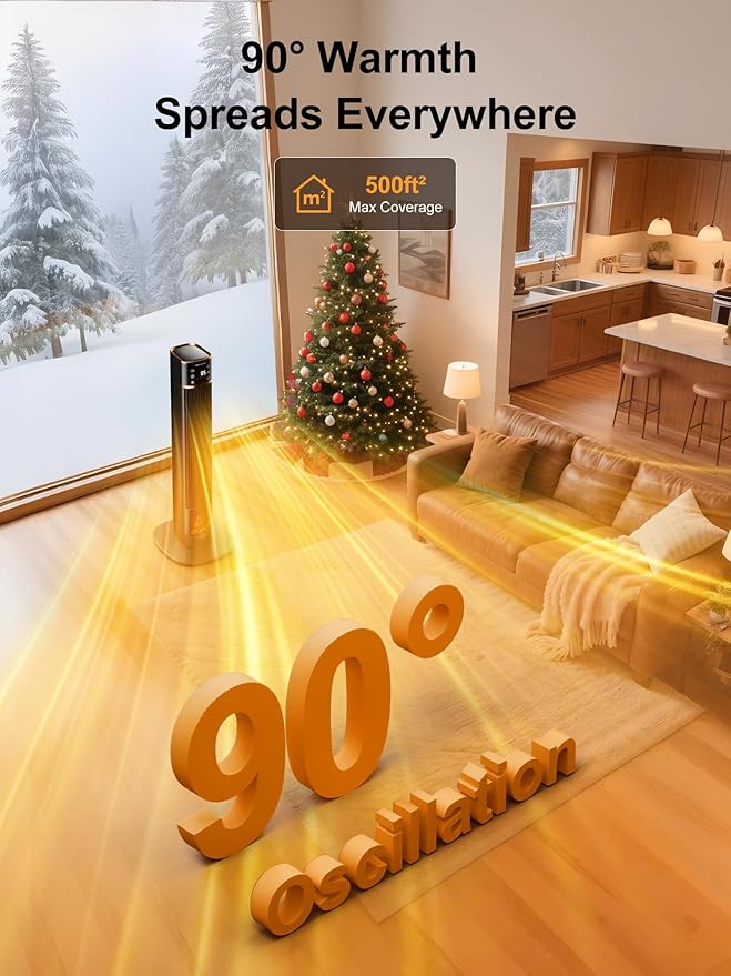 Uthfy Space Heater for indoor use, Large Room Heater with 3D Flame Effect, 1500W Portable Electric Heater with ECO, 90° Oscillating, Remote, PTC Ceramic Heaters for Bedroom, Office, Home