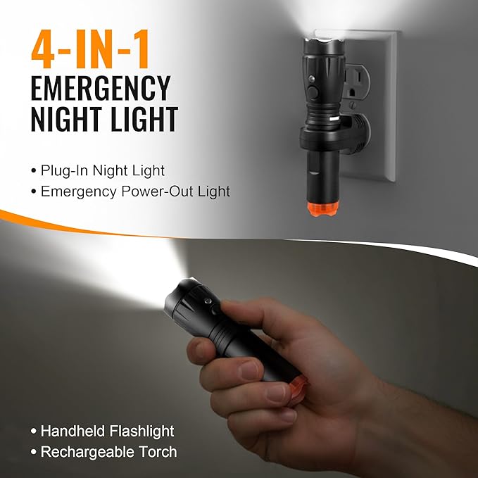 4 in 1 Plug in Emergency Flashlight Rechargeable LED Night Light with Motion Sensor for Power Outage Home Safety Portable Work Light Removable Torch for Camping and Indoor Use(2 Pack)