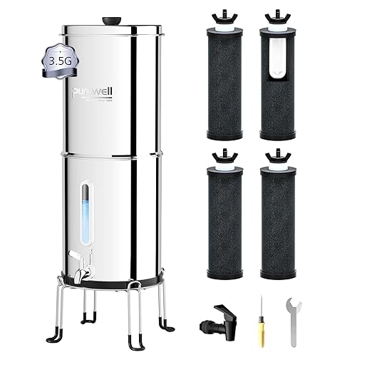 Purewell 3.5G Family-Sized Gravity Water Filter System, 3-Stage 0.01μm Ultra-Filtration Stainless Steel Countertop System with 4 Filters and Stand, Reduce 99% Chlorine, PW-3.5G