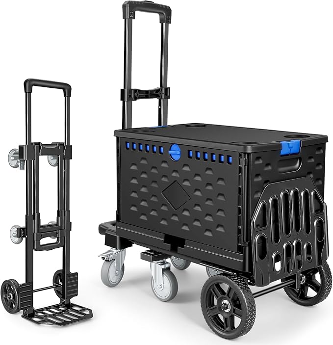 KEDSUM 4-in-1 Convertible Hand Truck Dolly with Folding Crate, 600LBS Heavy Duty Dolly Cart with Wheels, Adjustable Handle & Caster Wheels, Shopping Cart for Groceries, Packages, Collapsible