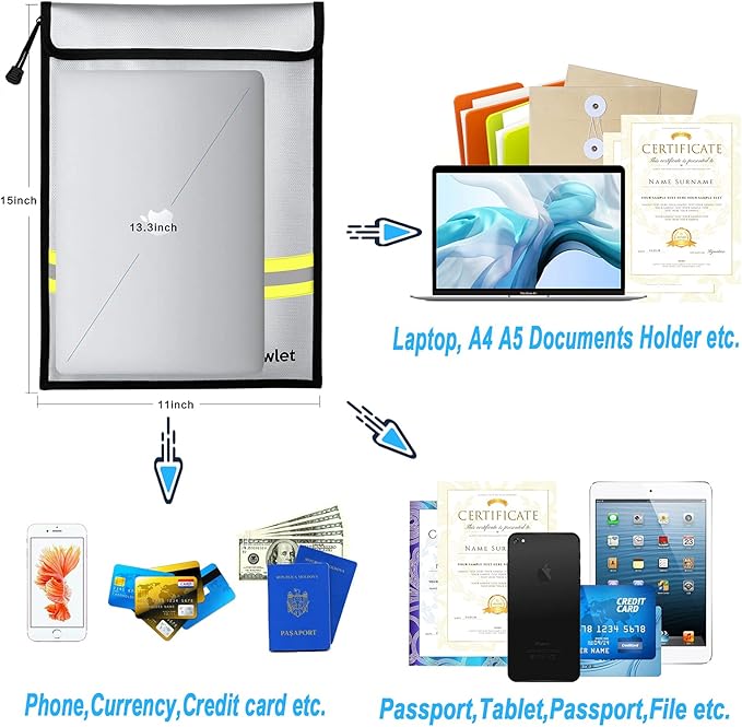 Fireproof Waterproof Money Document Bag - 15" x 11" Upgraded Zipper Bags, Fire & Water Resistant Storage Organizer Pouch for A4 A5 Documents Holder,File,Cash,Jewelry,Passport,Tablet (Black+Gray)