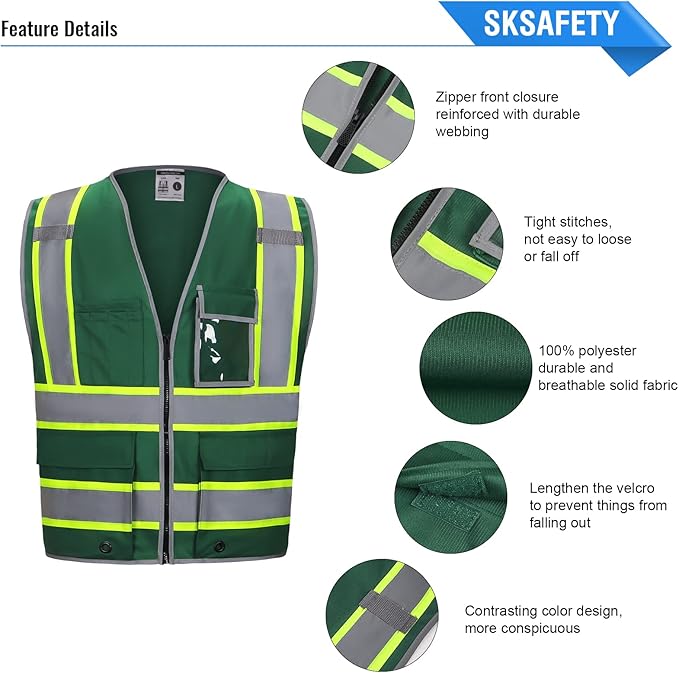 SKSAFETY 10 Pockets Safety Vest, Class 2 High Visibility Security with Zipper, Hi Vis Vest with Reflective Strips, ANSI/ISEA Standard, Construction Work Vest for Men ＆ Women （Green,4XL）