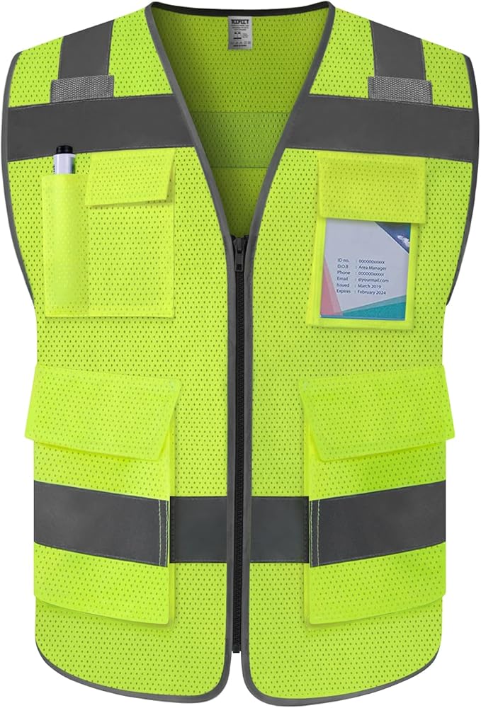 TCCFCCT Mesh Safety Vest for Men Women 5 Pockets Reflective Vest with Reinforced Zipper, High Visibility Construction Work Vest with Tabs for Walkie-talkie, Durable to Use, Meets ANSI/ISEA, Yellow, 5XL