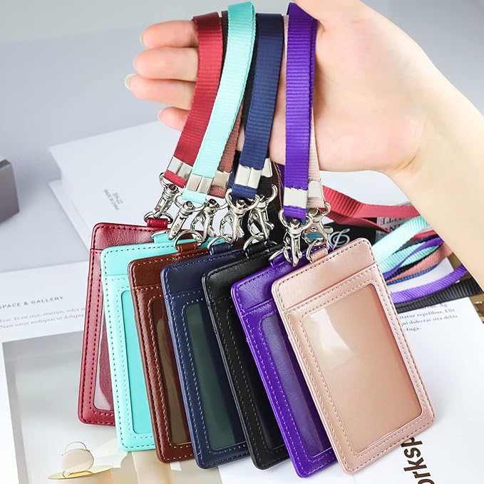 Teskyer Badge Holder with Lanyard, Leather ID Name Badge Card Holder with Lanyard for ID Badges, Vertical Blue