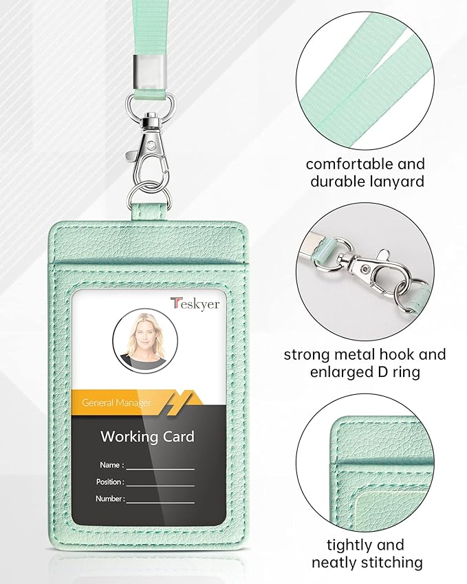 Teskyer Badge Holder with Lanyard, Leather ID Name Badge Card Holder with Lanyard for ID Badges, Vertical, Lychee Pattern Light Green