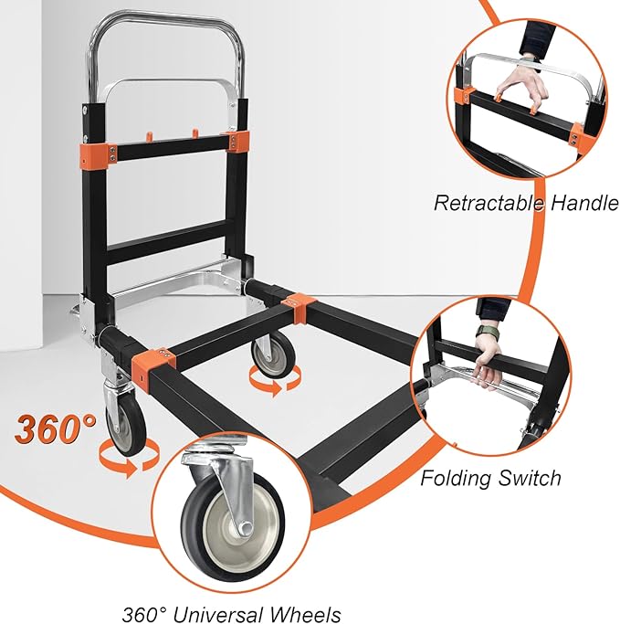 3-in-1 Aluminum Hand Truck Dolly, 600 lbs Heavy Duty Folding Trolley with Universal Wheels, Convertible Hand Truck with Tie Down Straps for Warehouse, Supermarket, Office (Orange)