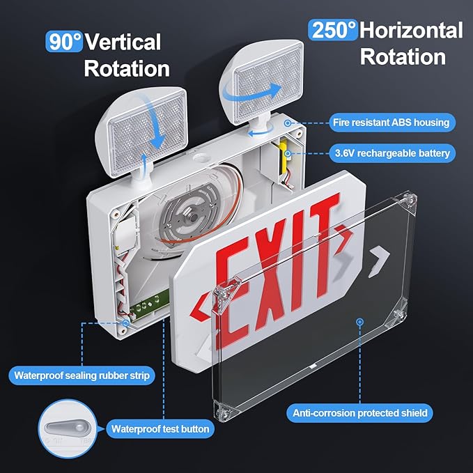Wet Location Emergency Exit Signs with Adjustable Lights Battery Backup, UL Listed Double Face Exterior Led Exit Sign Combo, Hardwired Waterproof Red Exit Light, AC 120/277V, Wall/Side Mount (1 Pack)