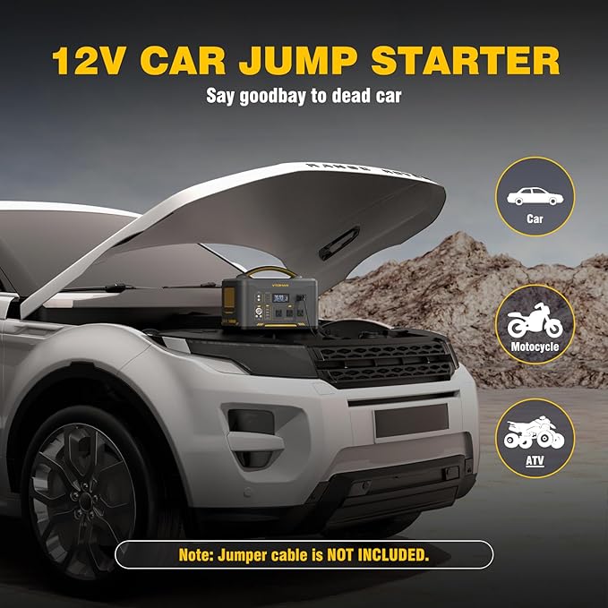 VTOMAN Jump 1500X Portable Power Station with Jumper Cables, 828Wh LiFePO4 Battery Solar Generator & Car Jump Starter, 1500W AC Outlet, 100W PD Type-C&Regulated DC for Home Backup Roadside Emergencies