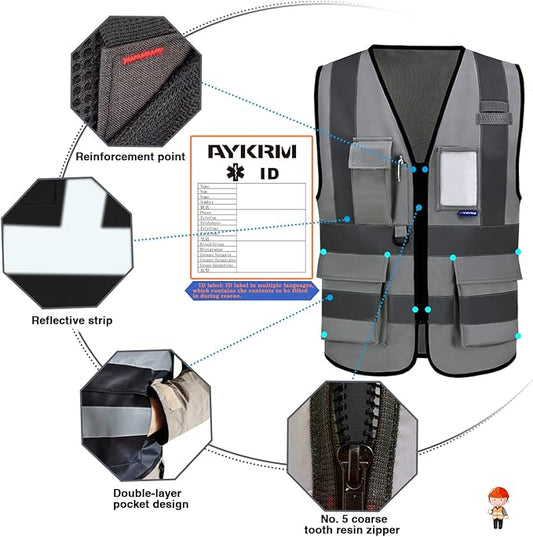 Reflective Security Safety Vests Heavy Duty with 7 Pockets and Front Zipper