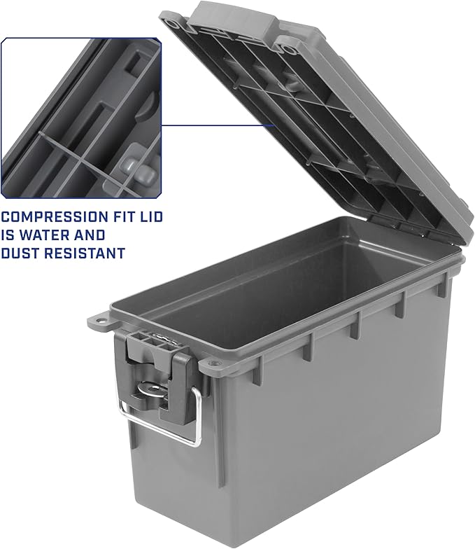 Sheffield 12628 Ammo Storage Box, Stackable .30 Cal Field Boxes, Water and Dust Resistant, Lockable Storage Box with Handle, Secures Hunting Gear, Supplies, and Bullets, Made in USA, Gray, 1-Pack