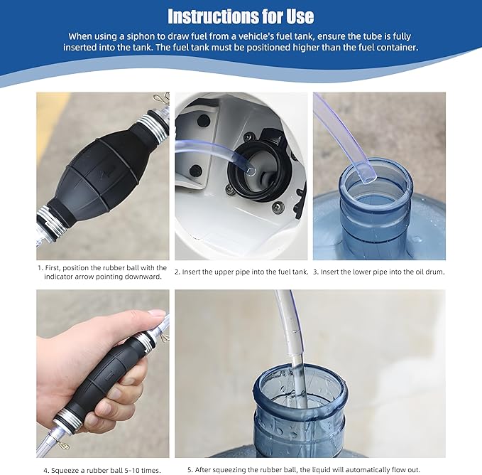 Gasoline Siphon Hose, Gas Oil Water Fuel Transfer Siphon Pump, Portable Widely Use Hand Fuel Pump, Fuel Transfer Pump with 10 Ft PVC Hoses