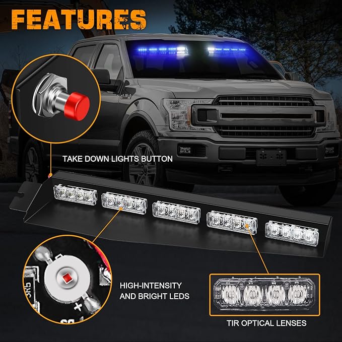 XRIDONSEN 34 inch Blue Emergency Visor Lights Bar Interior Front Windshield Strobe Lights 40 LED Warning Safety Flashing Hazard Light w/White Take Down for firefighter Police Vehicles Trucks