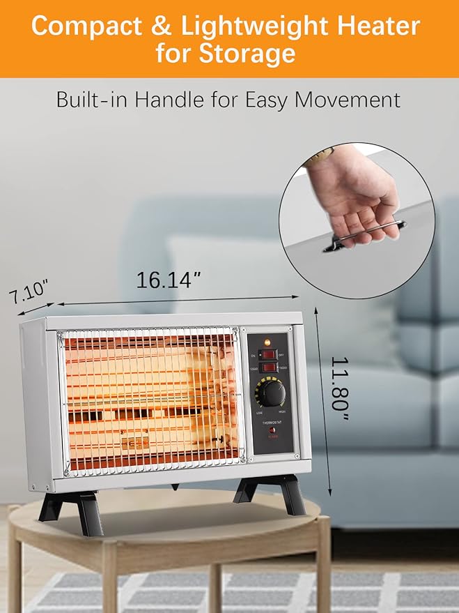 JASUN Radiant Heater Electric Space Heater Fast Heating with Adjustable Thermostat, Portable Indoor Heater with Handle Quiet1250W/1500W for Office Home Garage Bedroom ETL Approved White