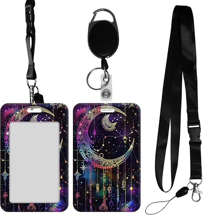 ID Badge Holder with Retractable Lanyard for Women & Men,Vertical ID Card Holder Wallet,Clear Window&Card Slot,Detachable Neck Strap for Nurse Teacher Office,Moon Dream Catchers