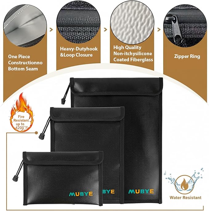 Upgraded Fireproof Waterproof Document Bag - 3 Pack Safe Money Bags with Zipper, Fire & Water Resistant Storage Organizer Pouch for Documents Holder,File,Cash,Passport,Tablet (Black)
