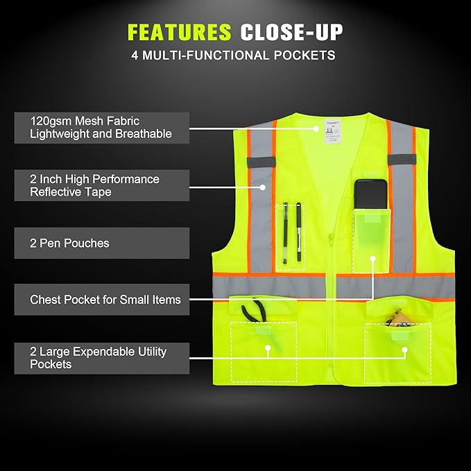 ProtectX Safety Vest for Men Women ANSI Class 2 High Visibility Mesh Reflective Construction Vest with 4 Pockets