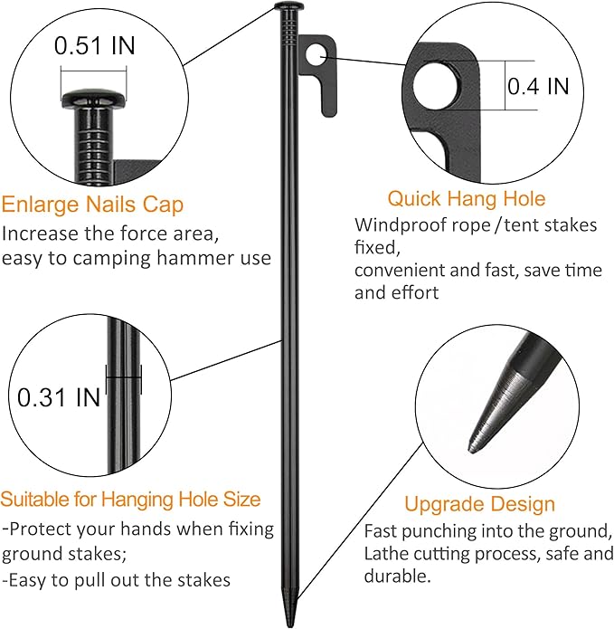 20 Pack 16 inch Tent Stakes Heavy Duty Metal Tent Pegs for Camping Steel Tent Pegs Unbreakable and Inflexible