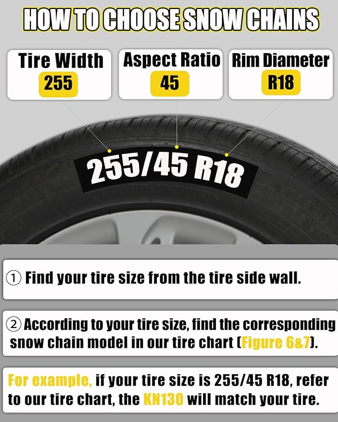 Snow-Chains Easy Install Tire-Chains, One-Pull Fit Design Tire Snow Chains for Passenger Cars, Sedan, SUVs, Emergency Winter Tire Traction Car Tires 185 195 205 215 225 - Set of 2 (KN90)