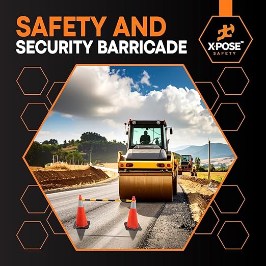 Retractable Barrier for Safety Traffic Cones - 2" OD - Large Yellow and Black Bar Barricade - for Road Construction, Parking, Warning, Temporary Security Divider (100, Yellow & Black, 53" x 84")