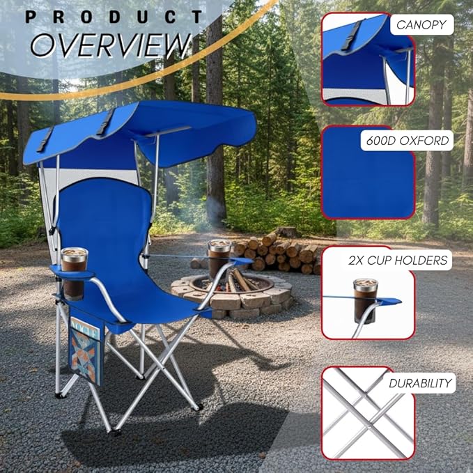 Portable Folding Camping Chairs with Canopy Shade, Beach Chair for Adults, Durable Weather Resistant 600D Oxford Cloth, Camping Chair with Canopy for Outdoors [Blue-2 Pack]