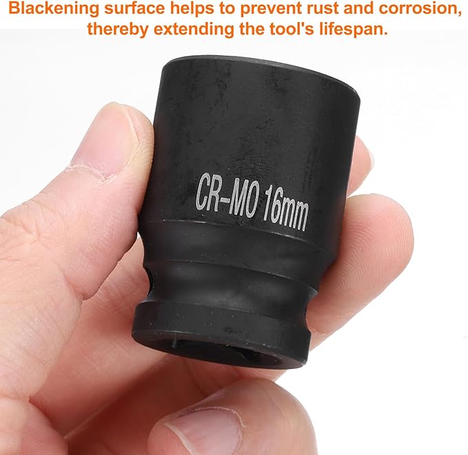 HARFINGTON 4 Point Square Socket 1/2" Drive 16mm Metric Square Impact Socket CR-MO Blackening Standard Wheel Sockets Pneumatic Socket Tool for Auto Repair Mechanical Maintenance Home Use