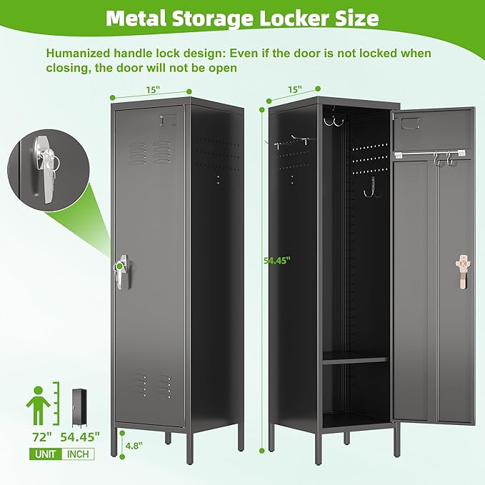 1 Door Metal Storage Lockers with Handle and Hanging Rod,Metal Locker for Employees with Pegboard and Hooks for Home,Office,Gym, School, Garage,Assembly Required,Black
