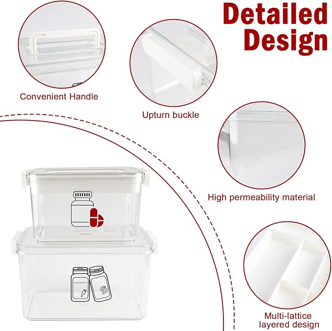 First Aid Box Empty and Vitamin Bottle Organizer Set, Clear Plastic Medical Box with Snap-Off Lid & Handle for Supplements Medicine Storage