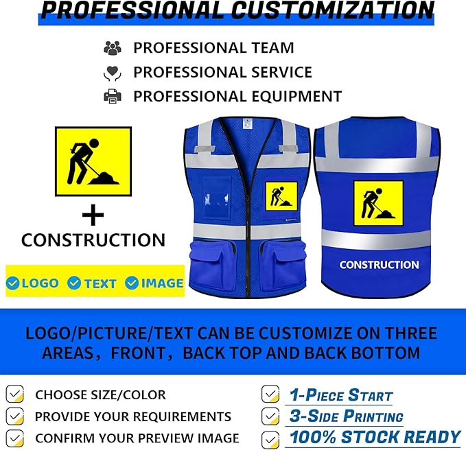 BeautyWill 10 Pack Custom Logo Safety Vest ANSI Class 2 High Visibility Reflective Vest Personalized Construction Vest Bulk