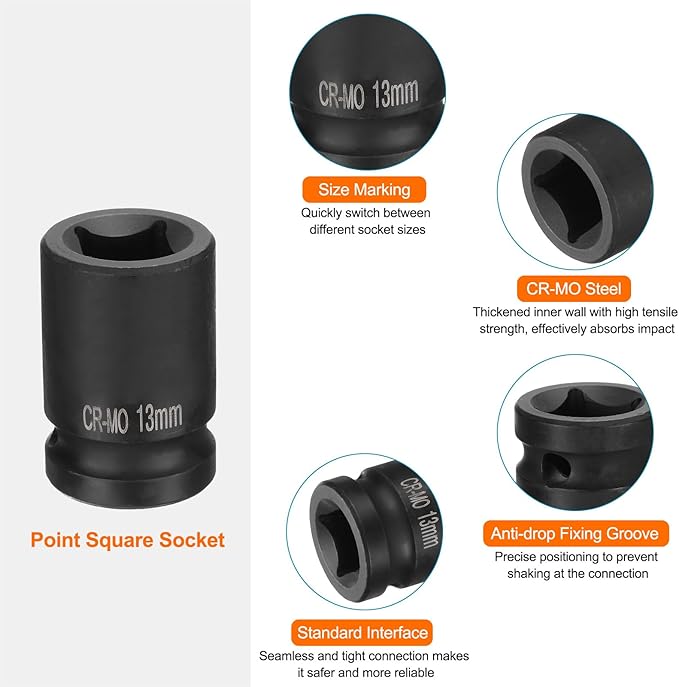 HARFINGTON 4 Point Square Socket 1/2" Drive 13mm Metric Square Impact Socket CR-MO Blackening Standard Wheel Sockets Pneumatic Socket Tool for Auto Repair Mechanical Maintenance Home Use