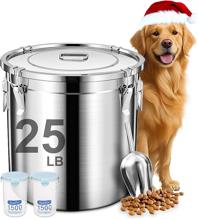 Newget Dog Food Storage Containers, Large Stainless Steel Pet Food Storage Containers 25 lb / 11.5 kg to Keep Fresh, Metal Airtight Cat Food Containers With Scoop and 2 Small Containers