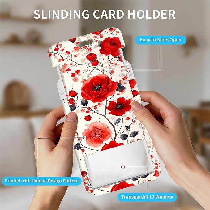 ID Badge Holder with Retractable Lanyard for Women & Men,Vertical ID Card Holder Wallet,Clear Window&Card Slot,Detachable Neck Strap for Nurse Teacher Office,Red Floral Art