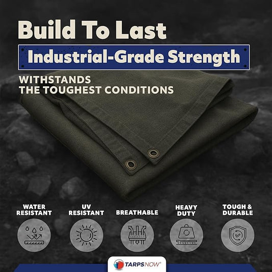 TarpsNow® Fire Retardant Tarp - 8' x 12' - 18 MIL Heavy Duty Canvas Tarp - Flame & Tear Resistant w/Brass Grommets - Best for Safety, Outdoors, Camping, Boating, Welding, Woodpile, House, Fire Pit