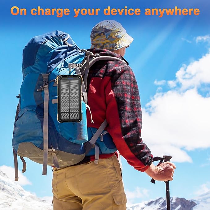 WONGKUO Solar Charger Power Bank - 49800mAh Solar Phone Charger with USB-C in/Output, QC 3.0 Fast Charging with LED Flashlight, Built-in 4 Cables, IP65 Waterproof Fits for Outdoor (Matte Orange)