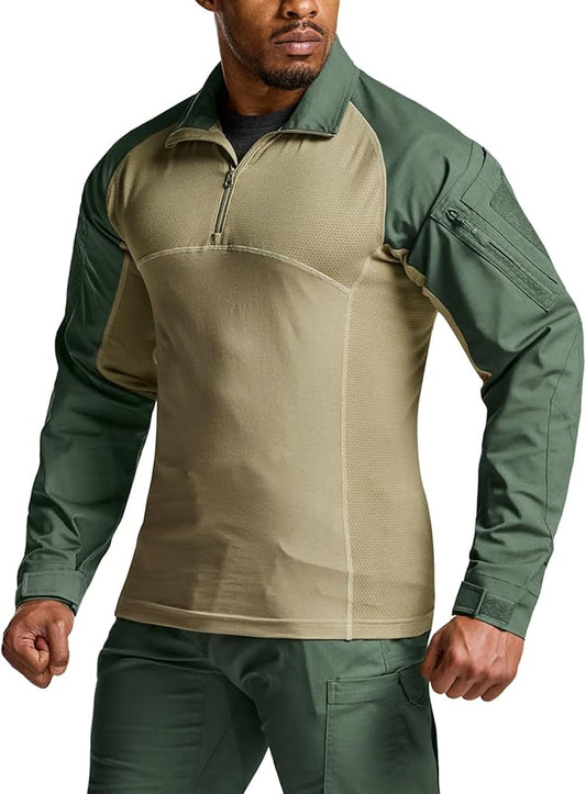 CQR Men's Combat Shirt Tactical 1/4 Zip Long Sleeve Military BDU Shirts Camo EDC Top with Pockets