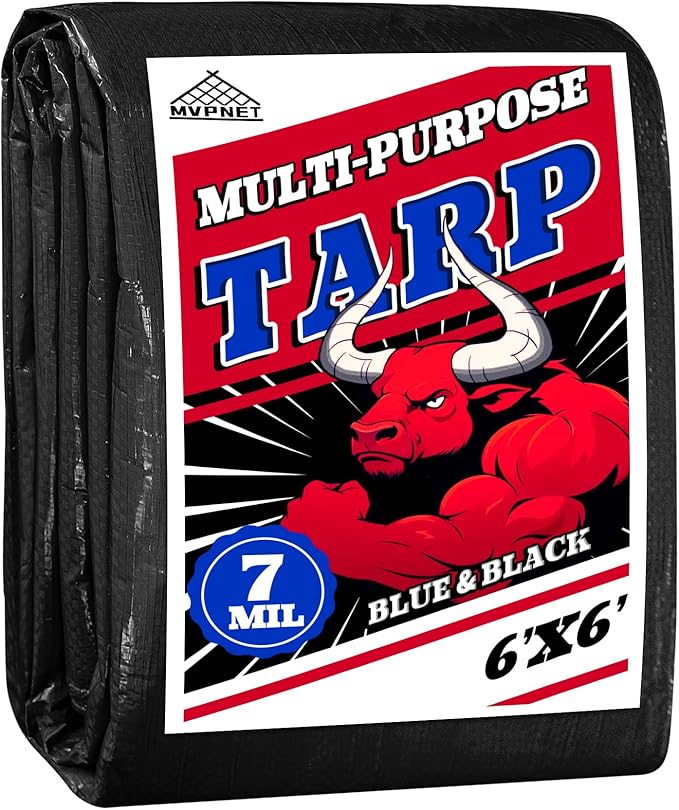Tarp 6x6 Waterproof 7mil Blue/Black Multipurpose Tarps Uv Resistant Outdoor Tarp for Camping, Rooftops, Yards, Pools, Vehicles, Boats by-MVPNET