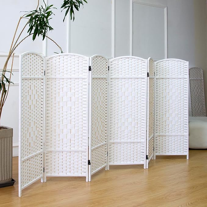 6 Panel Rattan Divider Short Room Partition Screen,Double Sided Folding Divider for Room Separation,White,47.2" H x 94.5" W