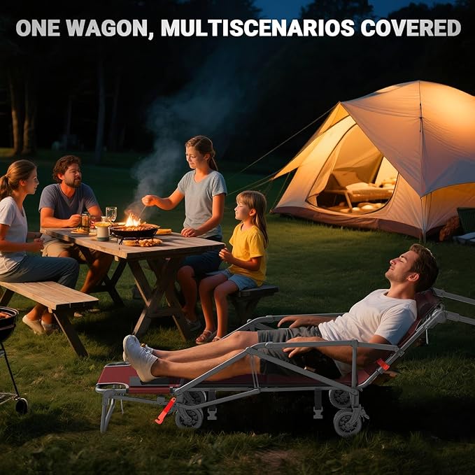 LEVELEVE Heavy Duty Folding Wagon - 2-in-1 Collapsible Cart, 400lb Capacity, All-Terrain Wheels w/Brakes & Side Pockets (Red)