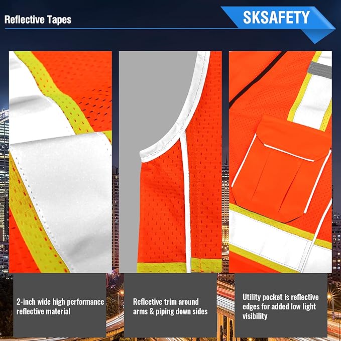 SKSAFETY 10 Pocket Pro Safety Vest - Class 2 Hi Vis Vest with Zipper, Reflective Strips - Orange, XL