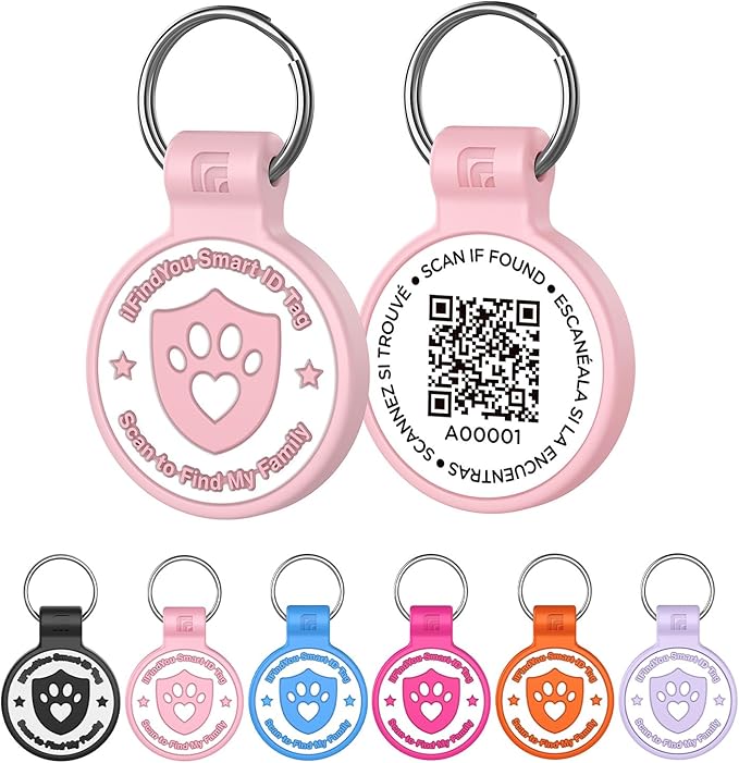 Silicone Dog Tags Personalized for Pets with QR Code, Emergency Contact Info, Anti-Lost, Scan Location Alerts(Pink-L)